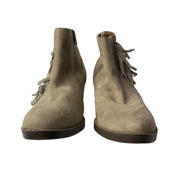 Mossimo Faux Suede Western Ankle Boots 7.5 Taupe Side Zipper Fringe Block Heel - Picture 3 of 9